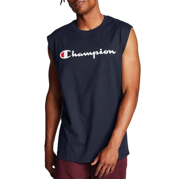 Champion Mens Sleeveless Muscle Tee Navy Blue Logo Print 2XL Cotton Blend Comfor - Picture 1 of 4